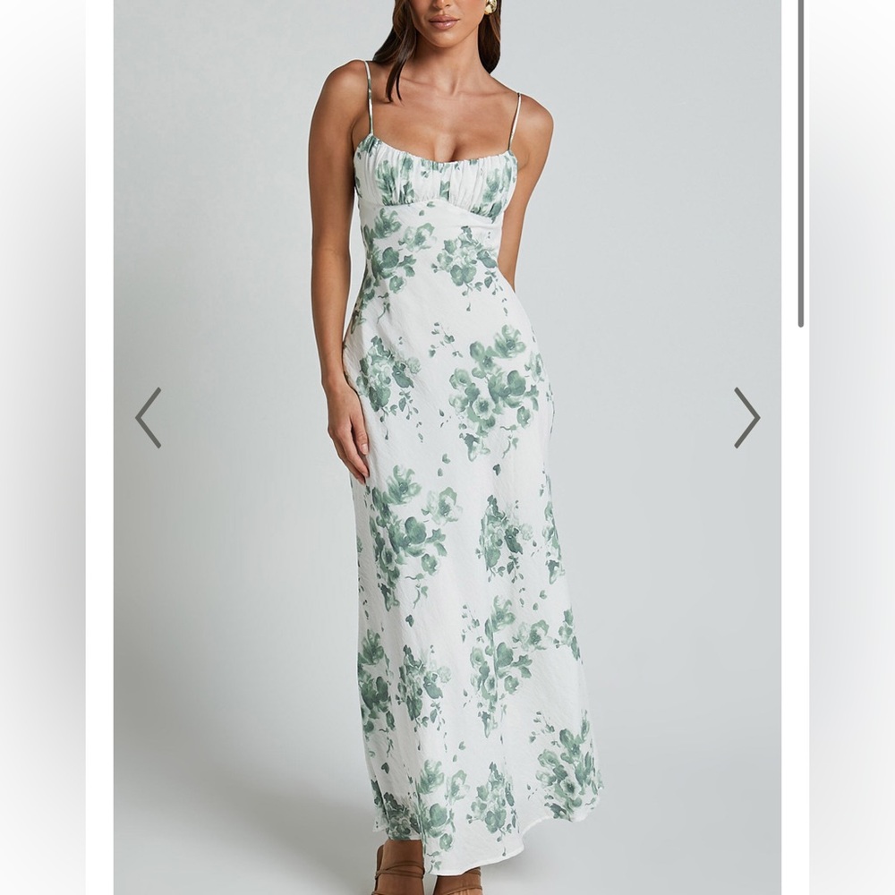 NWT SHOWPO BETTINA MIDI DRESS - STRAPPY RUCHED BUST SLIP DRESS IN GREEN-WHITE
